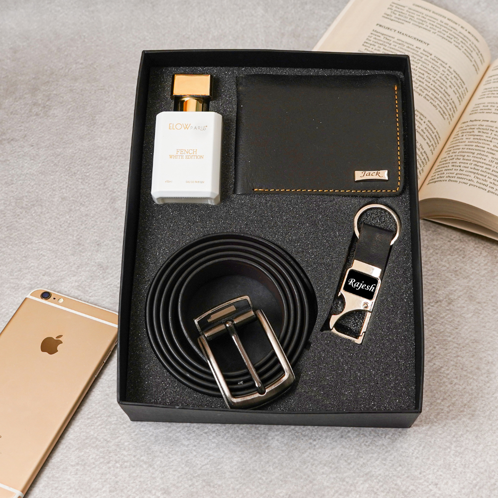 Premium 4-in-1 Personalized Gift Set – Wallet (Style ID 17), Belt, Metal Keychain & Perfume for Boyfriend/Husband