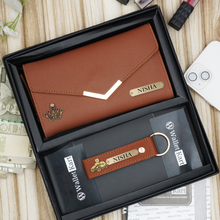 Load image into Gallery viewer, Personalised Women&#39;s Clutch &amp; Keychain Combo With Name &amp; Charm
