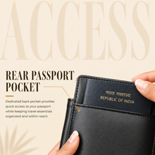 Load image into Gallery viewer, Personalized Family Passport Organizer for 3 Passports | Custom Name Travel Document Wallet with 8 Card Slots, Cash Pocket, Boarding Pass Holder &amp; Secure Closure (STYLE ID#49)
