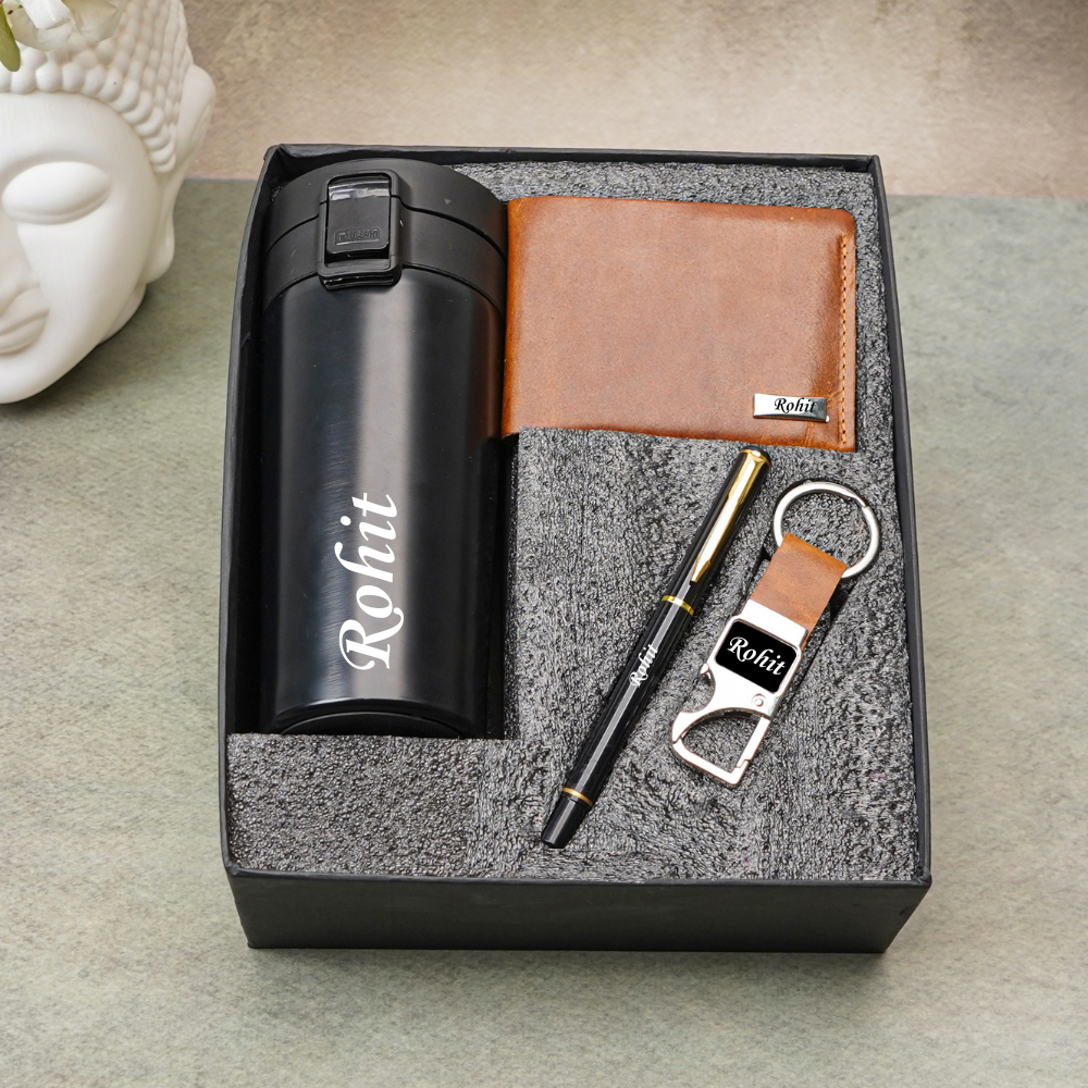 Personalized Handcrafted 4-in-1 Wallet Gift Combo – Wallet ,Snaphook, Pen & Coffee Mug for Boyfriend Husband on birthday & Anniversary  (Style ID #23)