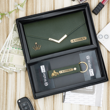 Load image into Gallery viewer, Personalised Women&#39;s Clutch &amp; Keychain Combo With Name &amp; Charm
