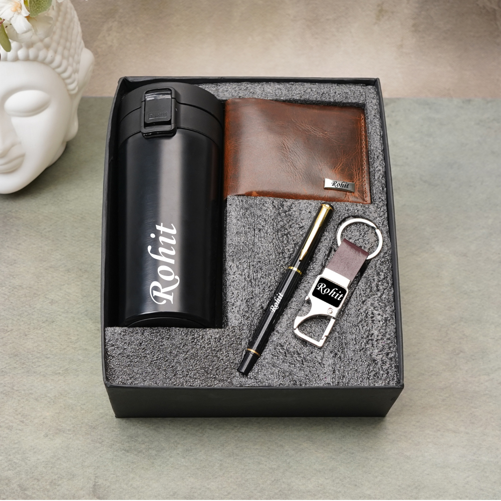 Personalized Handcrafted 4-in-1 Wallet Gift Combo – Wallet ,Snaphook, Pen & Coffee Mug for Boyfriend Husband on birthday & Anniversary  (Style ID #23)