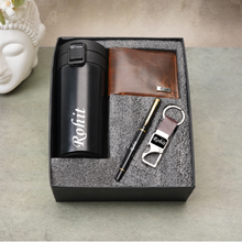 Load image into Gallery viewer, Personalized Handcrafted 4-in-1 Gift Combo – Wallet (Style ID 23), Metal Keychain, Pen &amp; Coffee Mug | Custom Gift Set for Men
