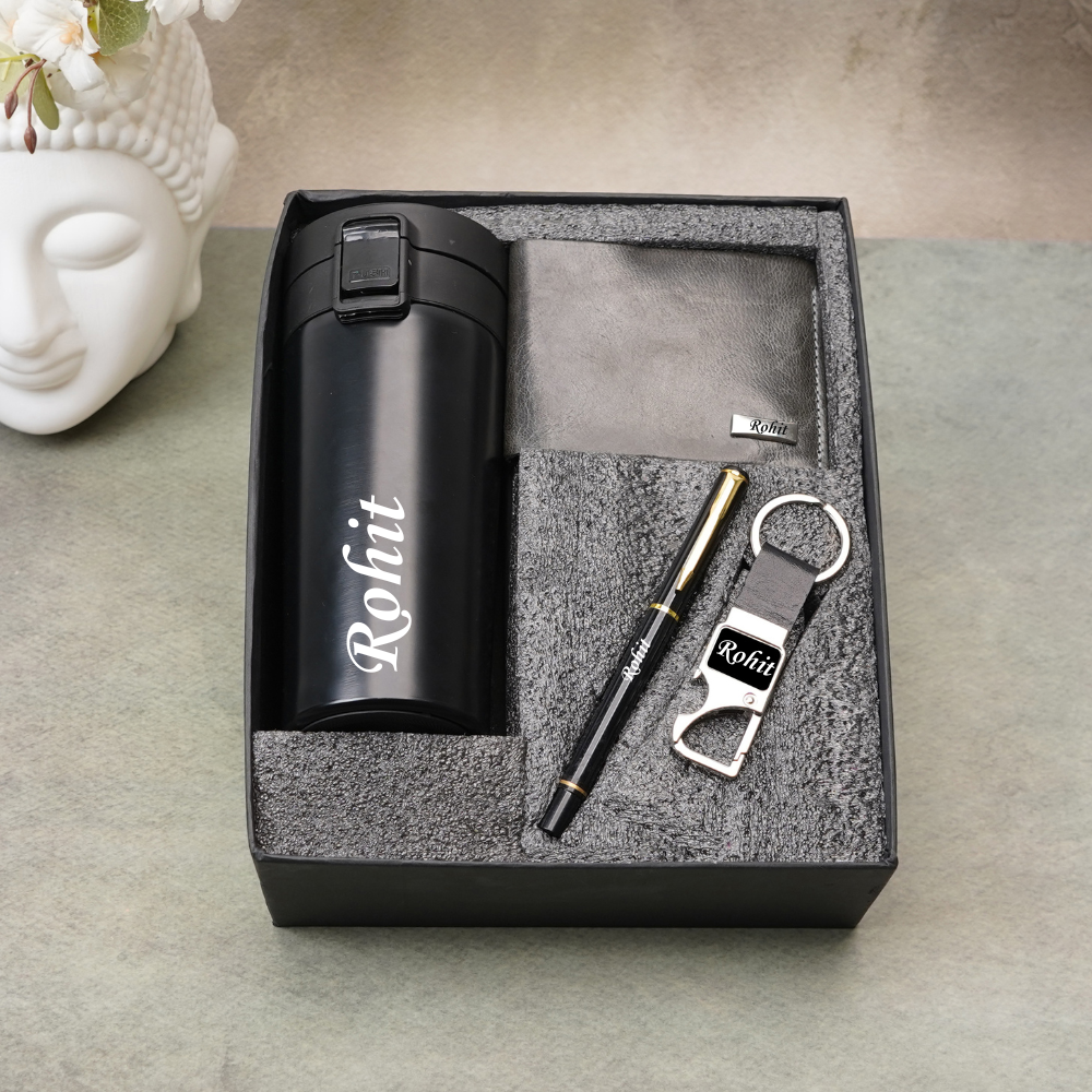 Personalized Handcrafted 4-in-1 Gift Combo – Wallet (Style ID 23), Metal Keychain, Pen & Coffee Mug | Custom Gift Set for Men