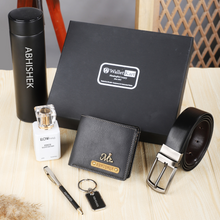 Load image into Gallery viewer, Personalized  Leather Name Men&#39;s Wallet Metal keychain Belt Pen Perfume and Temperature Bottle | Customised Gift ( 6 in 1 ) Combo for Boyfriend Friend Husband Father &amp; Son
