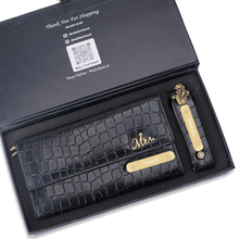 Load image into Gallery viewer, Personalized Gift Combo for Women with Custom Name and Charm | Croco Texture Clutch &amp; Matching Keychain with Golden Name Plate | Premium Gift Box for Her
