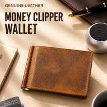 Load image into Gallery viewer, Genuine Leather RFID Money Clip Bi-Fold Wallet for Men – 8 Card Slots, Metal Cash Clip, Ultra-Thin Wallet (STYLE ID #36)
