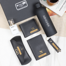 Load image into Gallery viewer, Personalized Leather Name Men&#39;s Wallet Keychain Passport Cover Eyewear H2GO Bottle and Perfume | Customised  Gift (6 in 1 ) Combo for Boyfriend Friend Husband Father &amp; Son
