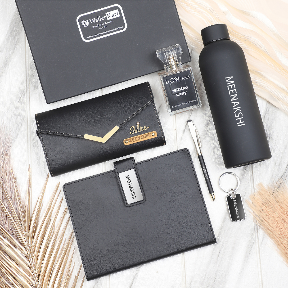 Personalized Leather Name Women's Clutch Metal Keychain Dairy Pen Perfume and H2GO Bottle | Best Customized ( 6 in 1 ) Gift Combo for Girlfriend Friend Wife Mother & Sister