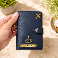 Load image into Gallery viewer, Personalized Golden Nameplate Passport Holder for Men &amp; Women with Custom Name &amp; Charm | Travel Wallet with Card Slots, ID Window &amp; Cash Pocket | Secure Snap Closure | Premium Passport Cover
