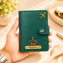Load image into Gallery viewer, Personalized Golden Nameplate Passport Holder for Men &amp; Women with Custom Name &amp; Charm | Travel Wallet with Card Slots, ID Window &amp; Cash Pocket | Secure Snap Closure | Premium Passport Cover
