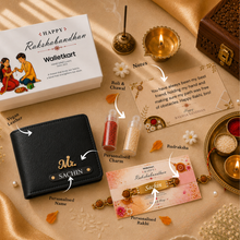 Load image into Gallery viewer, Personalized Vegan Leather Wallet with Custom Name Rudraksha Rakhi | Premium Raksha Bandhan Gift Box with Roli &amp; Chawal for Brother

