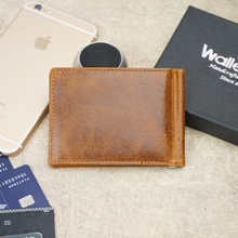 Load image into Gallery viewer, Genuine Leather RFID Money Clip Bi-Fold Wallet for Men – 8 Card Slots, Metal Cash Clip, Ultra-Thin Wallet (STYLE ID #36)
