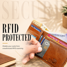 Load image into Gallery viewer, Leather Wallet &amp; Belt Combo for Men, Tan RFID Wallet, Black &amp; Brown Reversible Belt, 6 Card Slots (STYLE ID #15)
