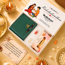Load image into Gallery viewer, Personalized Vegan Leather Wallet with Custom Name Rudraksha Rakhi | Premium Raksha Bandhan Gift Box with Roli &amp; Chawal for Brother
