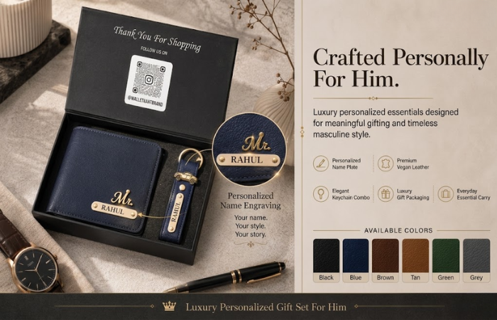 Personalised Men's Leather Wallet & Keychain with Name & Charm