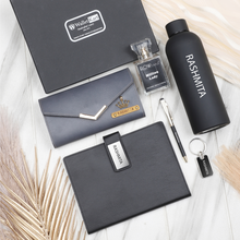 Load image into Gallery viewer, Personalized Leather Name Women&#39;s Clutch Metal Keychain Dairy Pen Perfume and H2GO Bottle | Best Customized ( 6 in 1 ) Gift Combo for Girlfriend Friend Wife Mother &amp; Sister
