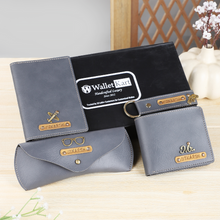 Load image into Gallery viewer, Personalized Leather Name Men&#39;s Wallet Keychain Passport cover And Eyewear case | Customised Gift for Boyfriend Friend Husband father and Son
