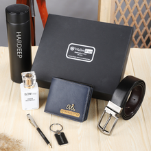 Load image into Gallery viewer, Personalized  Leather Name Men&#39;s Wallet Metal keychain Belt Pen Perfume and Temperature Bottle | Customised Gift ( 6 in 1 ) Combo for Boyfriend Friend Husband Father &amp; Son
