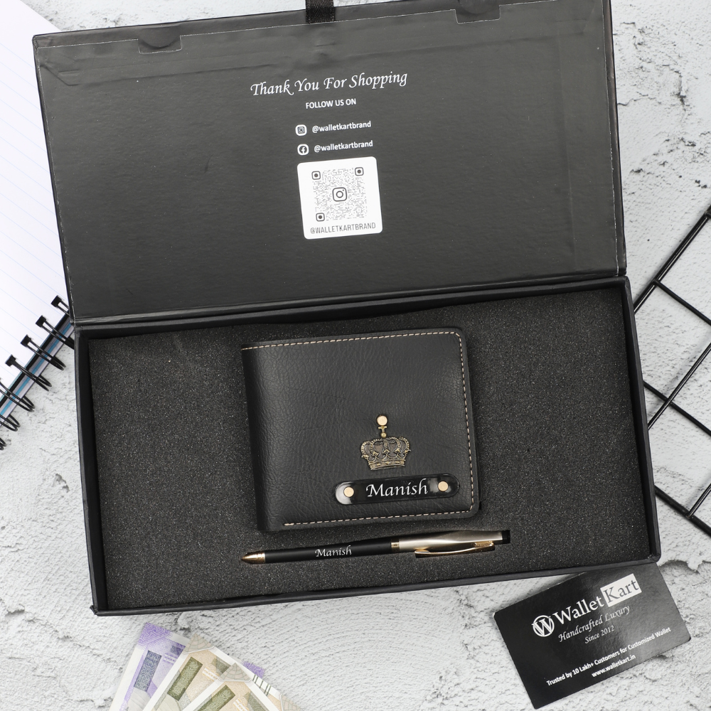 Personalized Leather Men's Wallet with name & Pen Set for Him