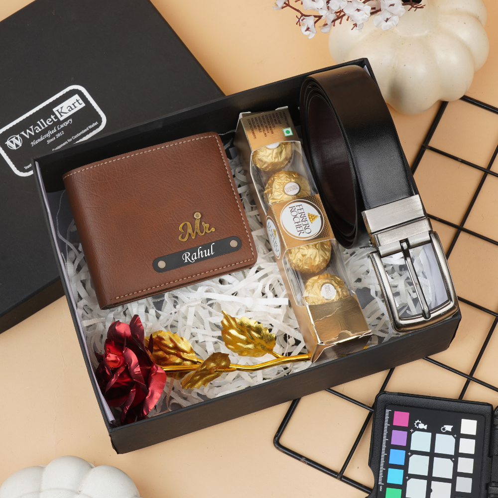 Special Personalised Engraved Wallet & Belt Combo with Flower & Chocolate