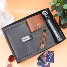 Load image into Gallery viewer, Personalised 4-in-1 Men's Wallet Combo with Keychain, Diary with Name &amp; Charm and Bottle with Name, Best Customised Corporate Gift for Office
