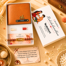 Load image into Gallery viewer, Personalized Vegan Leather Wallet with Custom Name Rudraksha Rakhi | Premium Raksha Bandhan Gift Box with Roli &amp; Chawal for Brother
