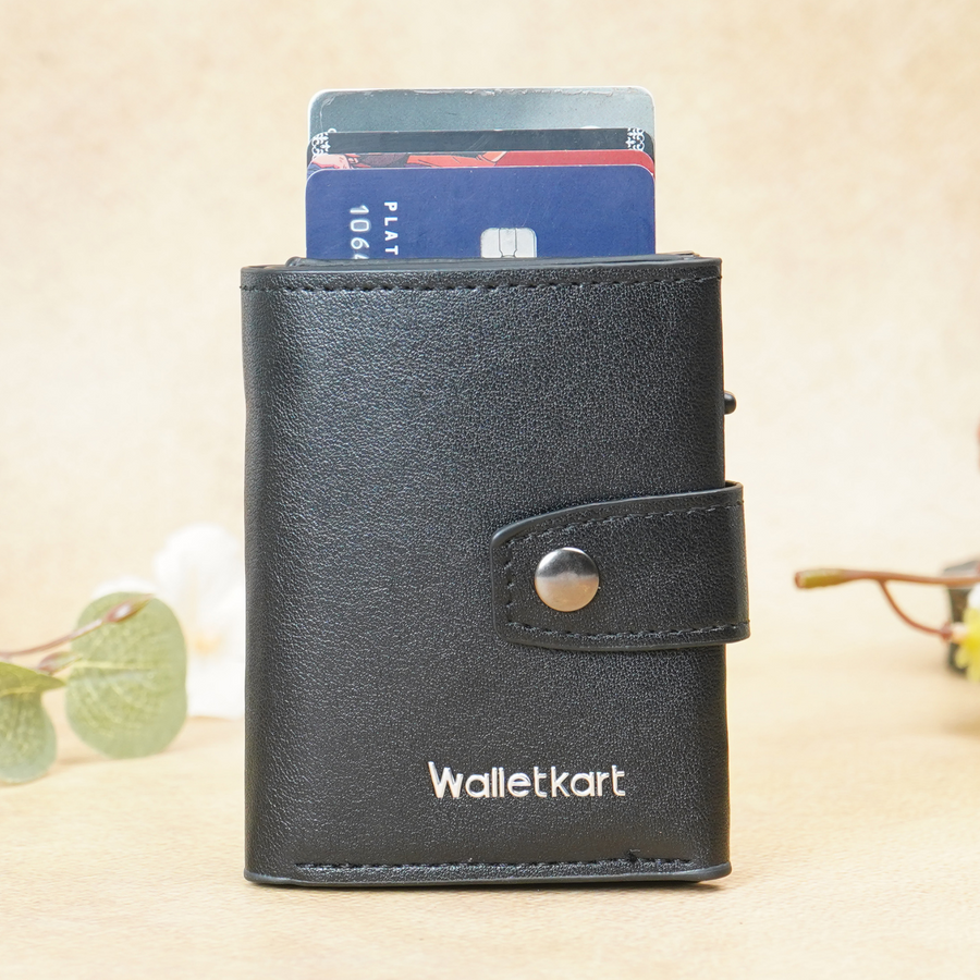 Vegan Leather Tri-Fold Pop-Up Card Holder Wallet for Men & Women – 5 Pop-Up Cards, 6 Card Slots, 1 ID Window, 1 Cash Pocket, Button Closure(STYLE ID #34)