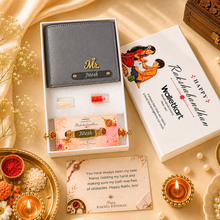 Load image into Gallery viewer, Personalized Vegan Leather Wallet with Custom Name Rudraksha Rakhi | Premium Raksha Bandhan Gift Box with Roli &amp; Chawal for Brother
