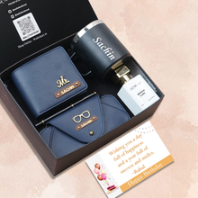 Load image into Gallery viewer, Personalised Birthday Gift Set for Men – Wallet, Perfume, Coffee Mug &amp; Eyewear Case | Perfect  Gift for Him
