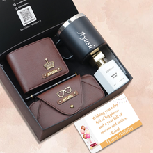 Load image into Gallery viewer, Personalised Birthday Gift Set for Men – Wallet, Perfume, Coffee Mug &amp; Eyewear Case | Perfect  Gift for Him
