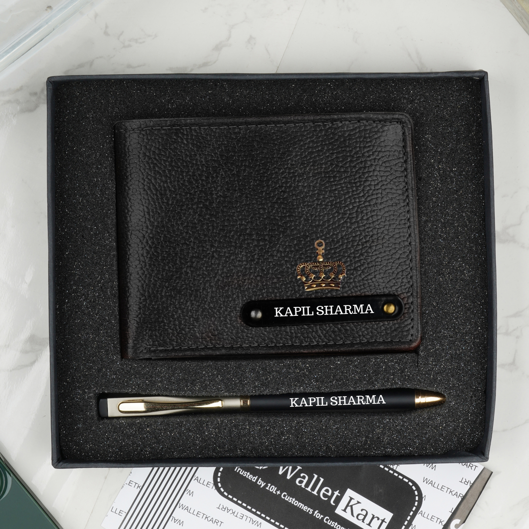 Personalised Men's Wallet & Pen with Name & Charm