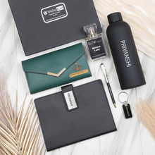 Load image into Gallery viewer, Personalized Leather Name Women&#39;s Clutch Metal Keychain Dairy Pen Perfume and H2GO Bottle | Best Customized ( 6 in 1 ) Gift Combo for Girlfriend Friend Wife Mother &amp; Sister
