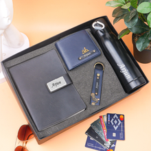Load image into Gallery viewer, Personalised 4-in-1 Men's Wallet Combo with Keychain, Diary with Name &amp; Charm and Bottle with Name, Best Customised Corporate Gift for Office
