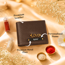 Load image into Gallery viewer, Personalized Executive Leather Wallet with Custom Name Rudraksha Rakhi | Premium Gift Box with Roli &amp; Chawal | Raksha Bandhan Gift for Brother
