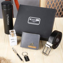 Load image into Gallery viewer, Personalized  Leather Name Men&#39;s Wallet Metal keychain Belt Pen Perfume and Temperature Bottle | Customised Gift ( 6 in 1 ) Combo for Boyfriend Friend Husband Father &amp; Son
