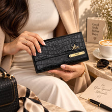 Load image into Gallery viewer, Personalized Croco Texture Gift Set for Women with Custom Name | 4-in-1 Premium Clutch, Passport Holder, Eyeglass Case &amp; Keychain
