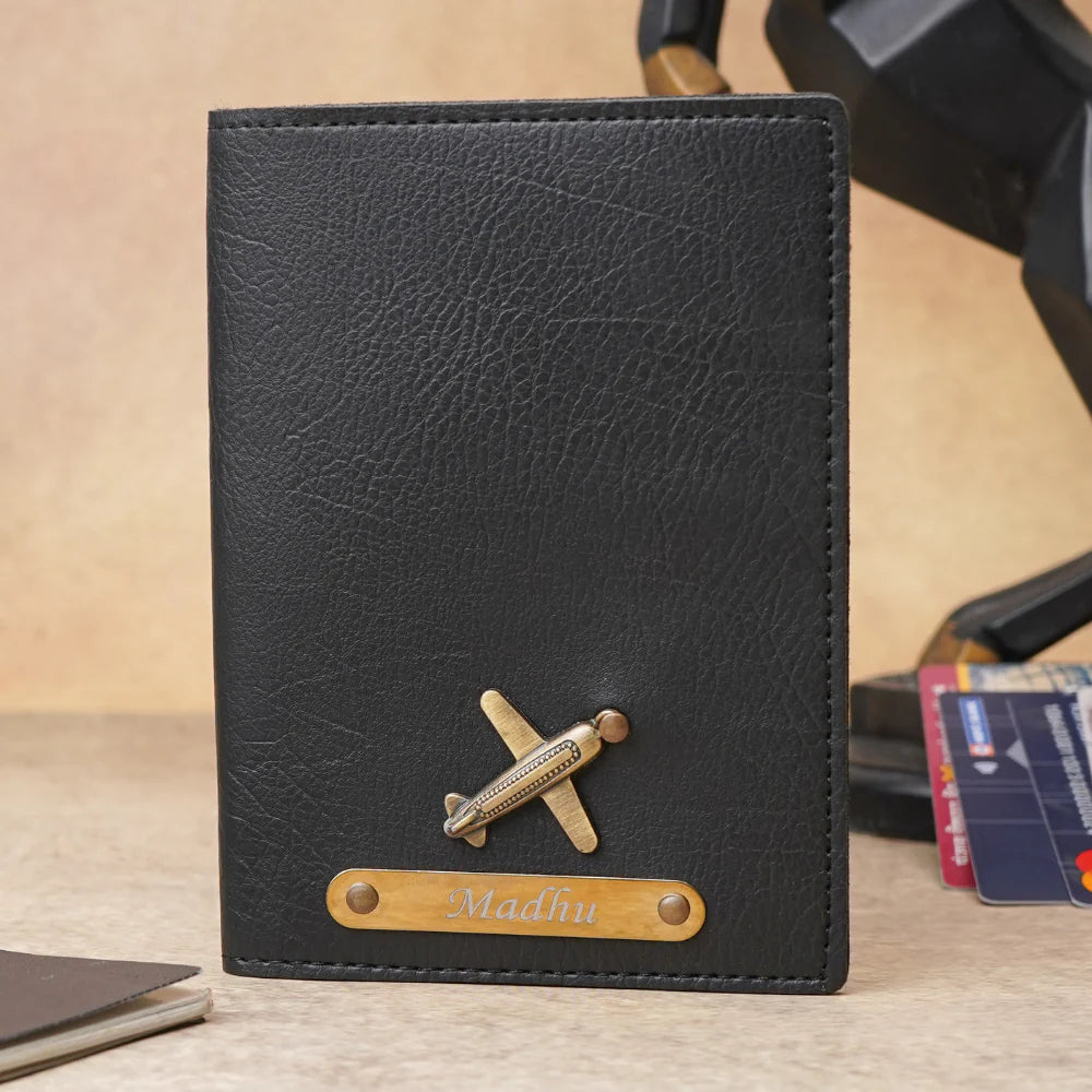 Elegant Personalized Couple Passport Cover Set with Engraved Name on golden Plate  & Charm