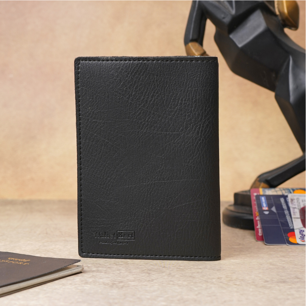 Customizable Leather Passport Cover Featuring Name & Charm on black metal strip