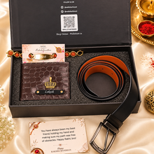 Load image into Gallery viewer, Personalized Croco Leather Wallet &amp; Belt Combo with Custom Name Rudraksha Rakhi | Raksha Bandhan Gift Set for Brother

