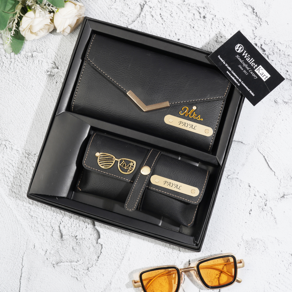 Personalized Leather Clutch & Stylish Eyewear Cover Set with Name | Customized Premium Gift for Women