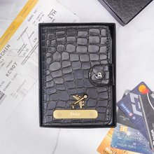 Load image into Gallery viewer, Personalized Passport Holder with Name for Men &amp; Women | Custom Name Travel Wallet with Golden Plate &amp; Charm | Textured Passport Cover with Card Slots &amp; Secure Snap Closure
