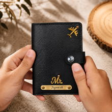 Load image into Gallery viewer, Personalized Golden Nameplate Passport Holder for Men &amp; Women with Custom Name &amp; Charm | Travel Wallet with Card Slots, ID Window &amp; Cash Pocket | Secure Snap Closure | Premium Passport Cover
