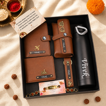 Load image into Gallery viewer, Personalized Wallet, Passport Holder, Eyewear Case, Keychain &amp; Bottle Combo with Custom Name Rudraksha Rakhi | Premium Gift Set for Brother
