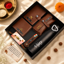 Load image into Gallery viewer, Personalized Wallet, Passport Holder, Eyewear Case, Keychain &amp; Bottle Combo with Custom Name Rudraksha Rakhi | Premium Gift Set for Brother
