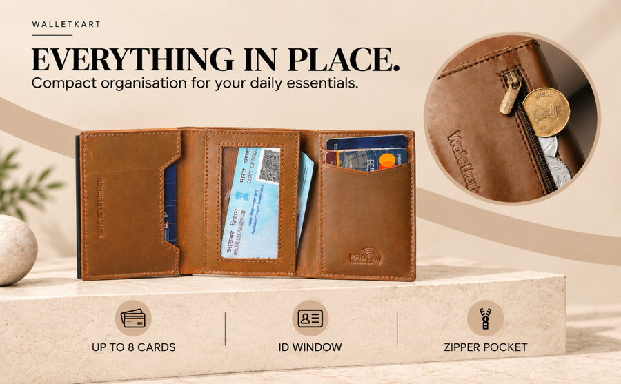 WALLETKART RFID Blocking Slim Card Holder Wallet for Men | Pull-Down Quick Card Access | Zipper Coin Pocket | ID Card Slot | Compact Leather Wallet  (STYLE ID #26)