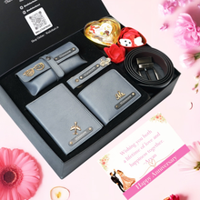 Load image into Gallery viewer, Anniversary Special Personalised Gift Combo for Him – 7-in-1 Romantic Set with Wallet with Name &amp; Charm Combo
