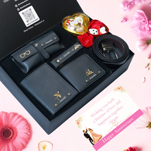 Load image into Gallery viewer, Anniversary Special Personalised Gift Combo for Him – 7-in-1 Romantic Set with Wallet with Name &amp; Charm Combo
