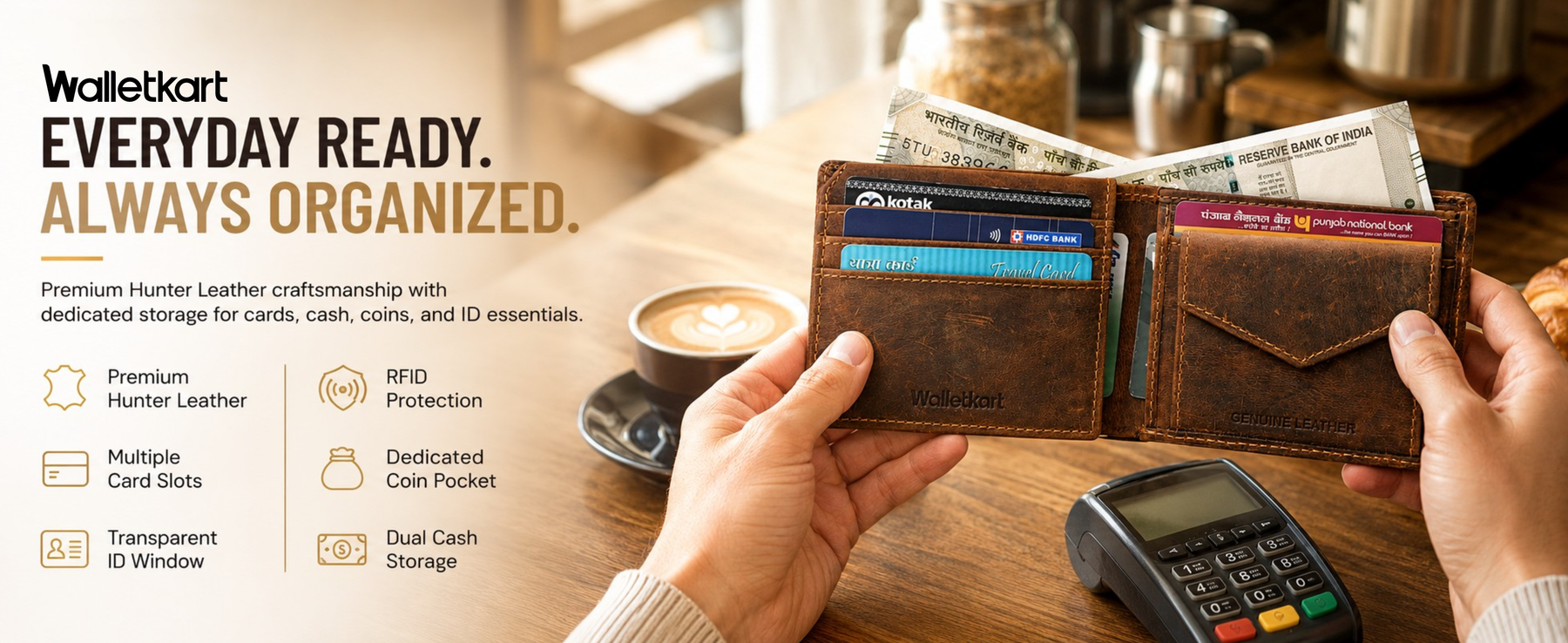 Hunter Genuine Leather RFID Protected Bifold Wallet for Men | 8 Card Slots, Flip ID Window & Coin Pocket (STYLE ID #24)