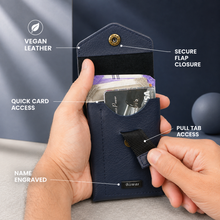 Load image into Gallery viewer, Personalized Slim Card Holder Wallet for Men &amp; Women with Custom Name | Pull Tab Card Wallet with Cash Pocket, Card Slots &amp; Secure Button | Compact Vegan Leather Front Pocket Wallet
